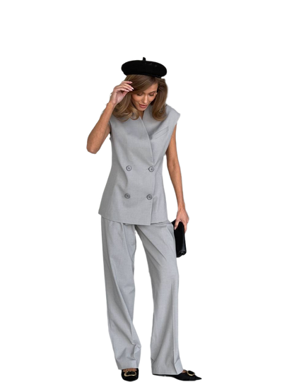 Womens Grey Viscose Suit Set High Waist Pants and Sleeveless Double Breasted Vest