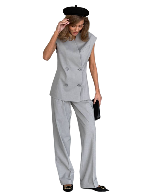 Womens Grey Viscose Suit Set High Waist Pants and Sleeveless Double Breasted Vest