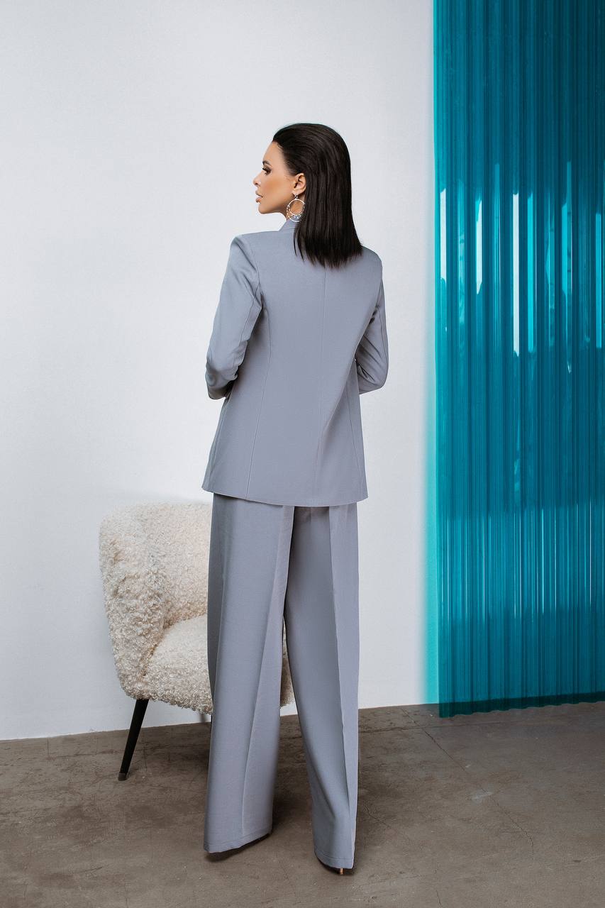 Gray Palazzo Suit Women Diagonal Crepe Tailored Blazer and Wide Leg Trousers