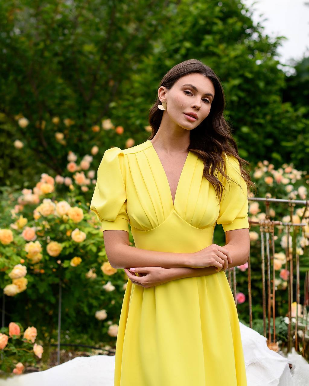 Elegant Yellow Midi Dress Women Premium Crepe Fabric