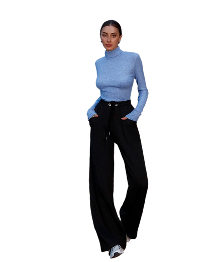 Women Black Cotton Knit Casual Wide Leg Pants