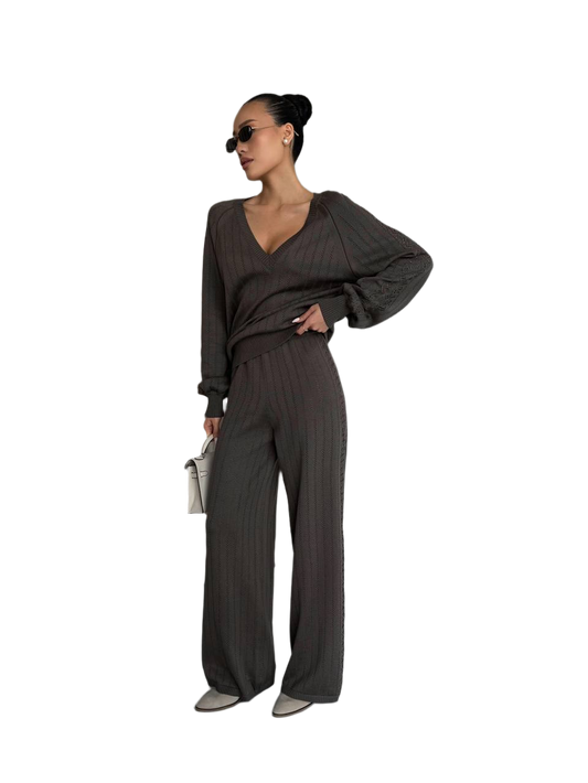 Spring Women's Brown Knit Suit with Dropped Sleeve and Wide Leg Trousers