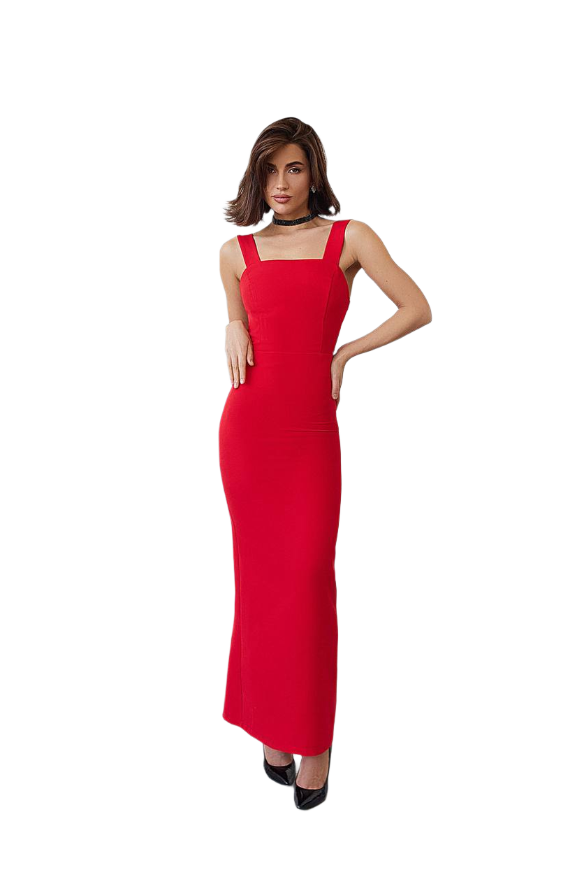 Woman wearing a red dress on a white background