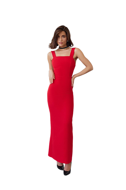Woman wearing a red dress on a white background