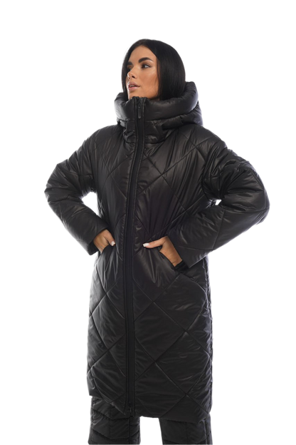 Person wearing a long black quilted coat on a white background