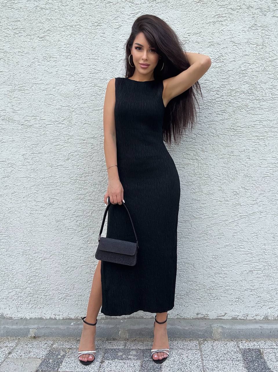 Greta Black Sleeveless Midi Dress with Side Slit for Women