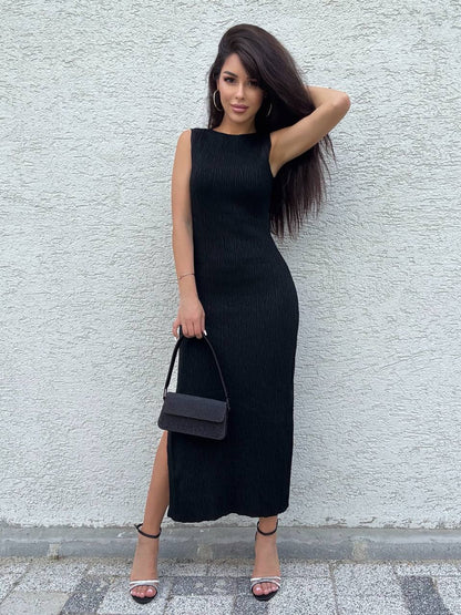 Greta Black Sleeveless Midi Dress with Side Slit for Women