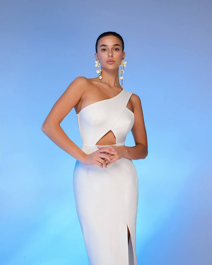 Womens One Shoulder Cutout Bandage Dress in Milk White