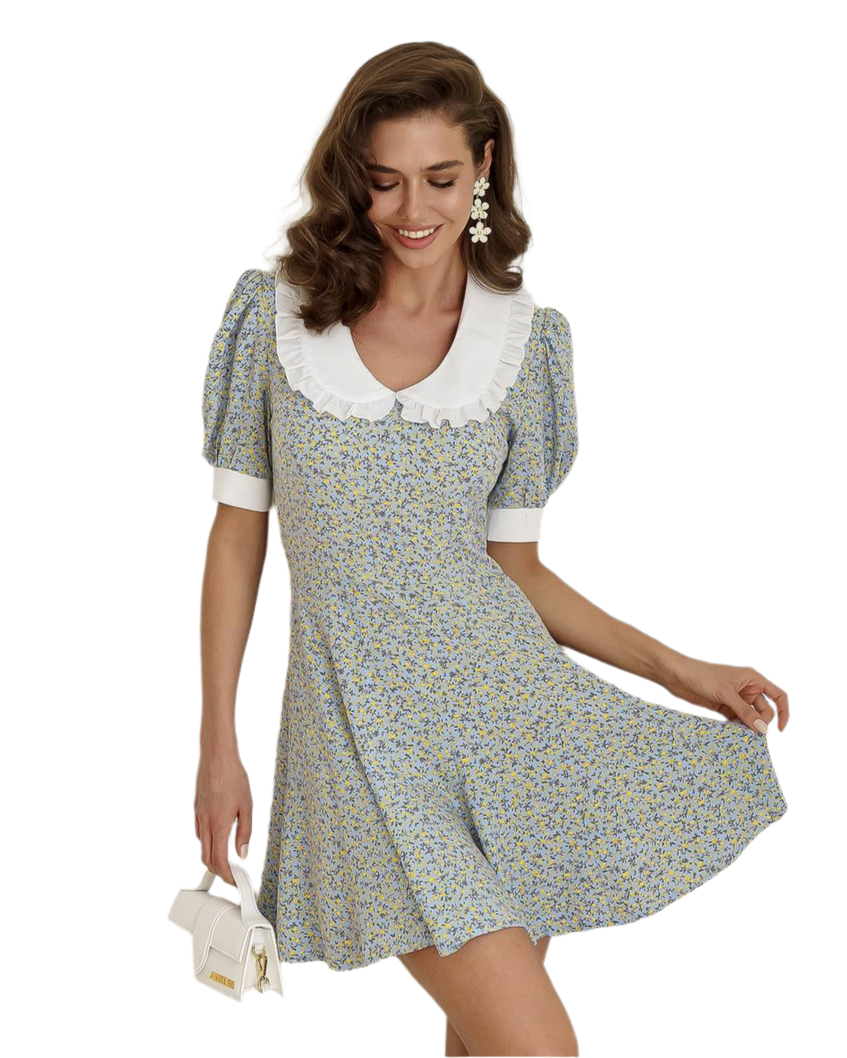 Floral Blue Dress with White Ruffled Collar for Women