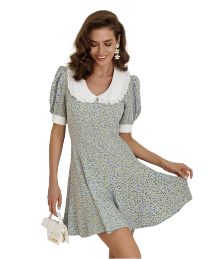 Floral Blue Dress with White Ruffled Collar for Women