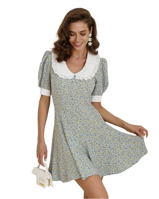 Floral Blue Dress with White Ruffled Collar for Women