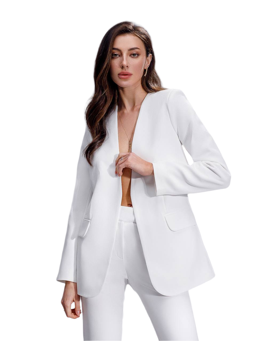 Woman wearing a white suit on a white background