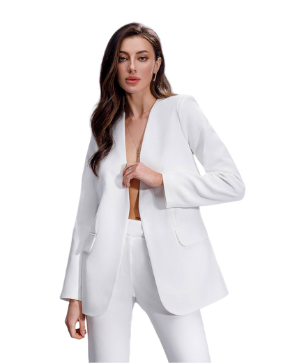 Woman wearing a white suit on a white background