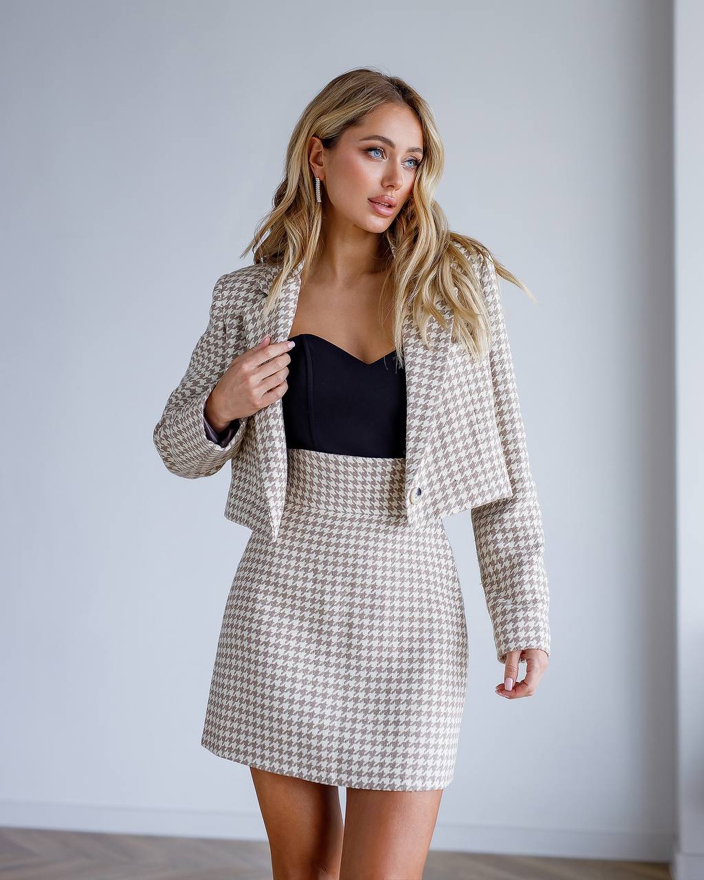 Womens Houndstooth Suit Jacket And Skirt Set Turkish Fabric