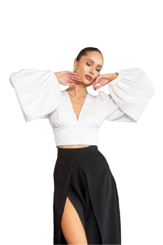 Elegant Women's Diagonal Crepe Top Blouse with Balloon Sleeves