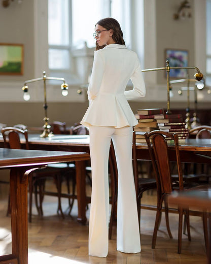 Elegant Premium Diagonal Crepe Women's Suit in White with Peplum Jacket and Flared Pants
