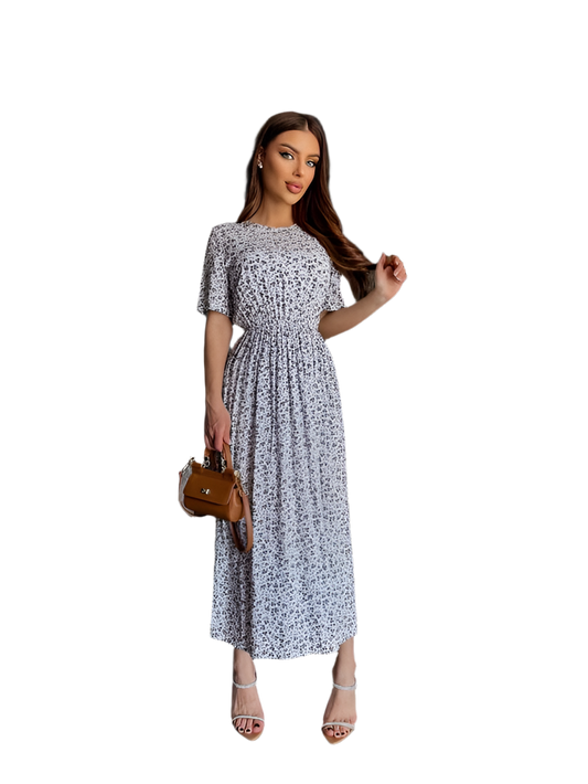 Light Midi Dress with Short Sleeves and Floral Print