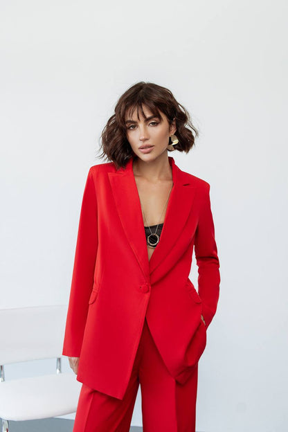 Red Diagonal Crepe Palazzo Suit Women Tailored Blazer Wide Leg Pants