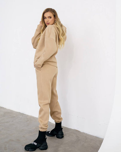 Womens Beige Lux Triple-Knit Fleece Suit with Double-Layered Hood