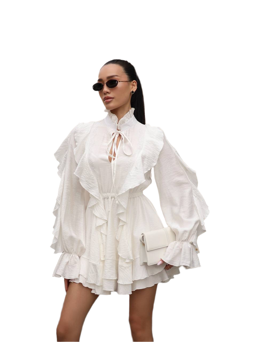 Elegant White Mimi Dress with Ruffles and Long Sleeves