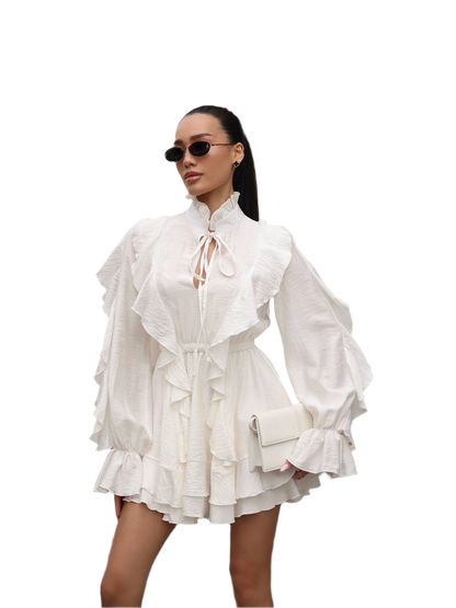 Elegant White Mimi Dress with Ruffles and Long Sleeves
