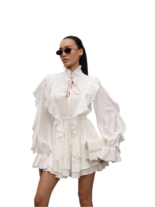 Elegant White Mimi Dress with Ruffles and Long Sleeves