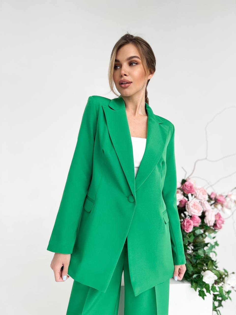 Grass Green Palazzo Suit Diagonal Crepe Womens Wide Leg Two Piece