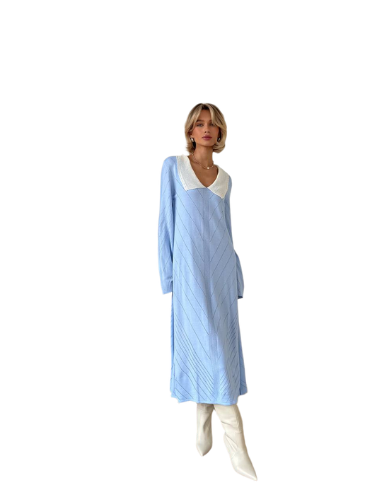 Blue Long Sleeve Dress with White Collar