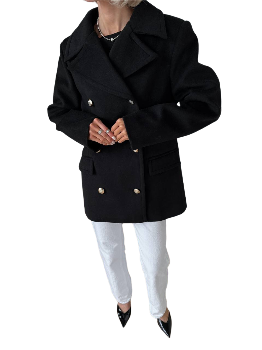 Black Double Breasted Women Coat Button Closure