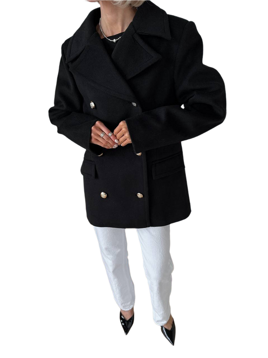 Black Double Breasted Women Coat Button Closure