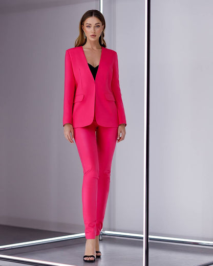 Womens Collarless Suit Jacket with Matching Pants in Raspberry