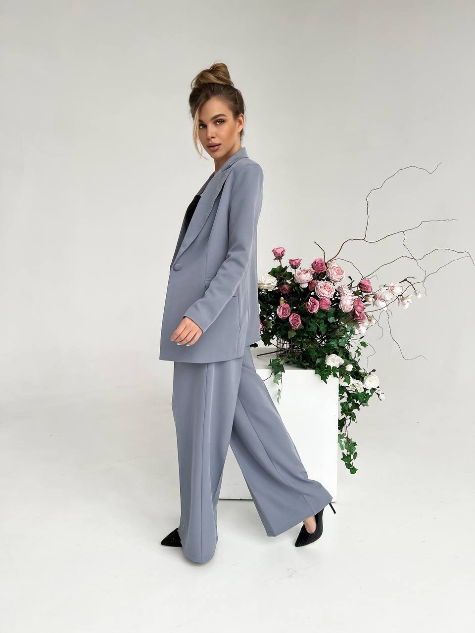 Gray Palazzo Suit Women Diagonal Crepe Tailored Blazer and Wide Leg Trousers