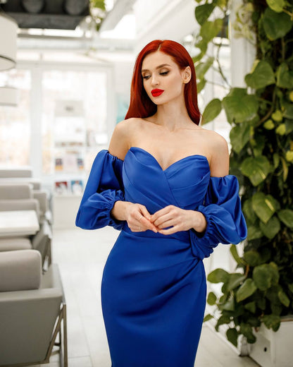 Royal Blue Midi Corset Dress with Puffed Sleeves