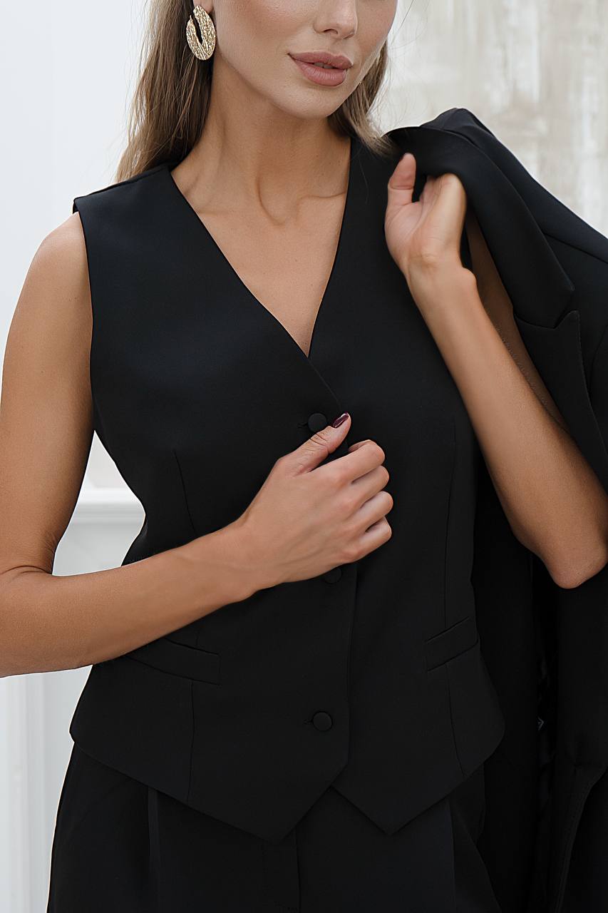 Black Women's Three Piece Suit Diagonal Crepe Lined Vest Jacket Trousers