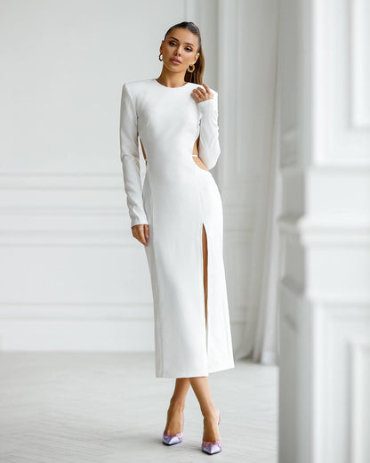 Women's Elegant Midi Dress in Milk Color with Open Back