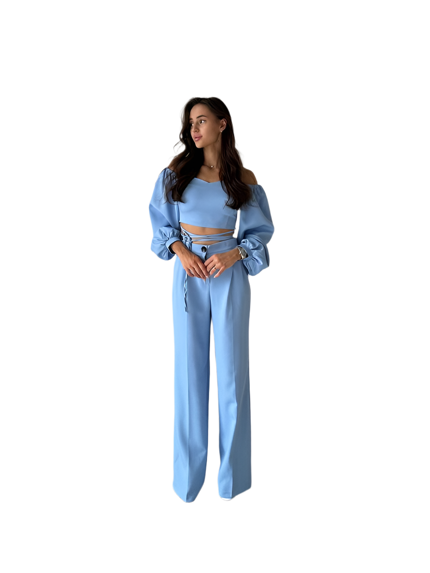 Light Blue High Waist Pants and Off-Shoulder Top Set