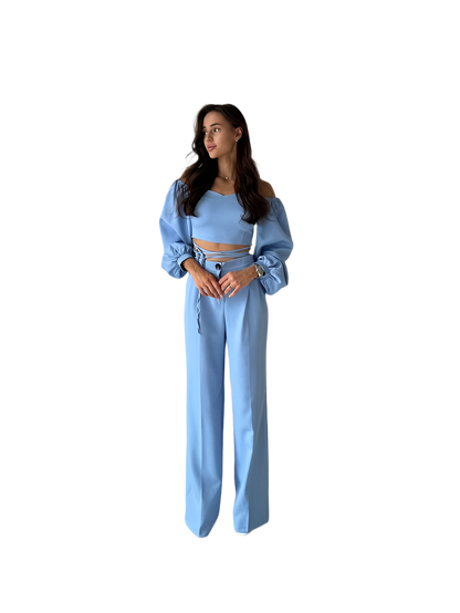 Light Blue High Waist Pants and Off-Shoulder Top Set