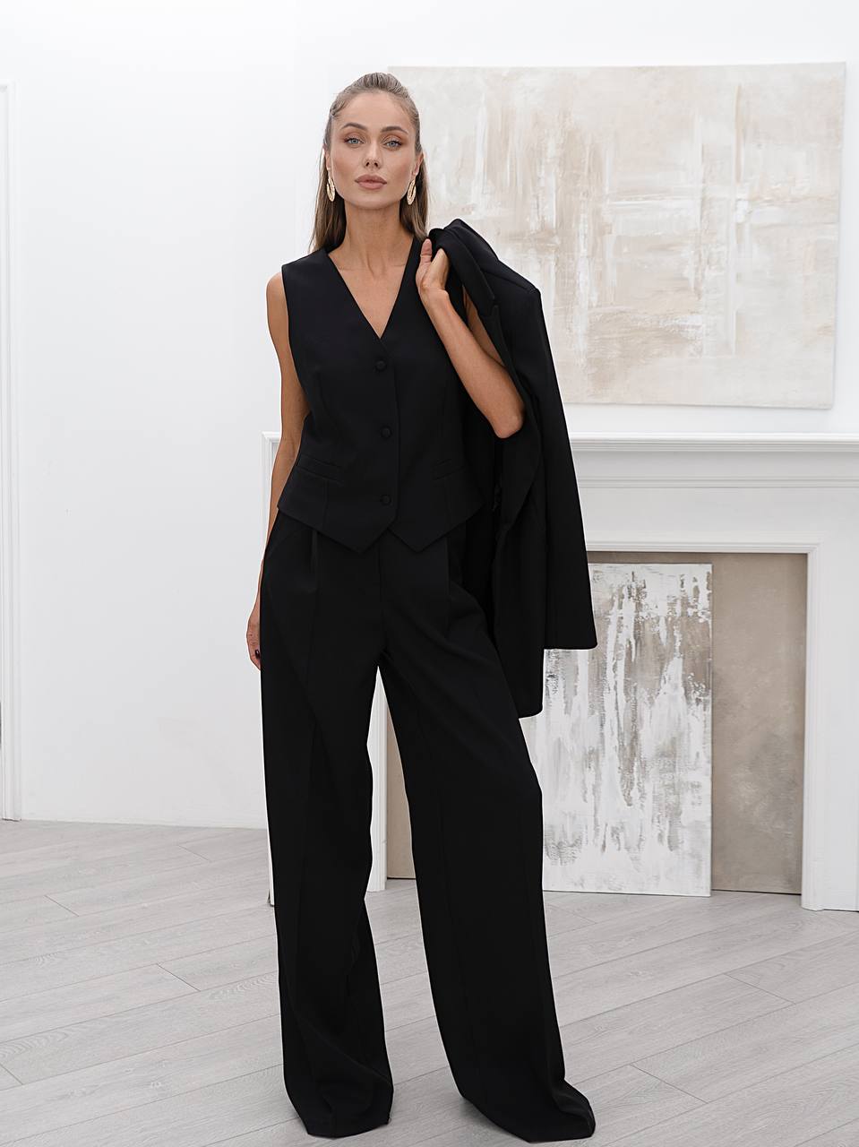 Black Women's Three Piece Suit Diagonal Crepe Lined Vest Jacket Trousers