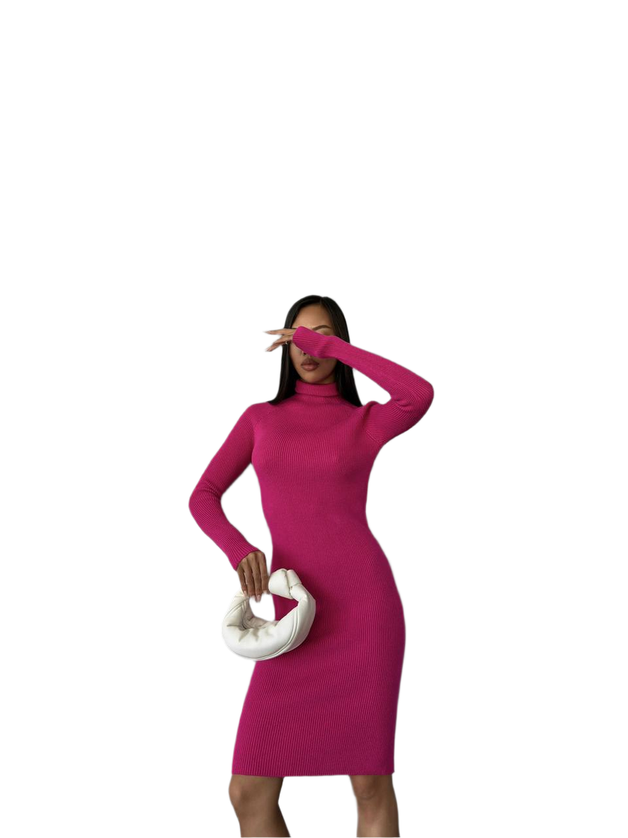 Woman wearing a bright pink dress holding a white clutch against a white background