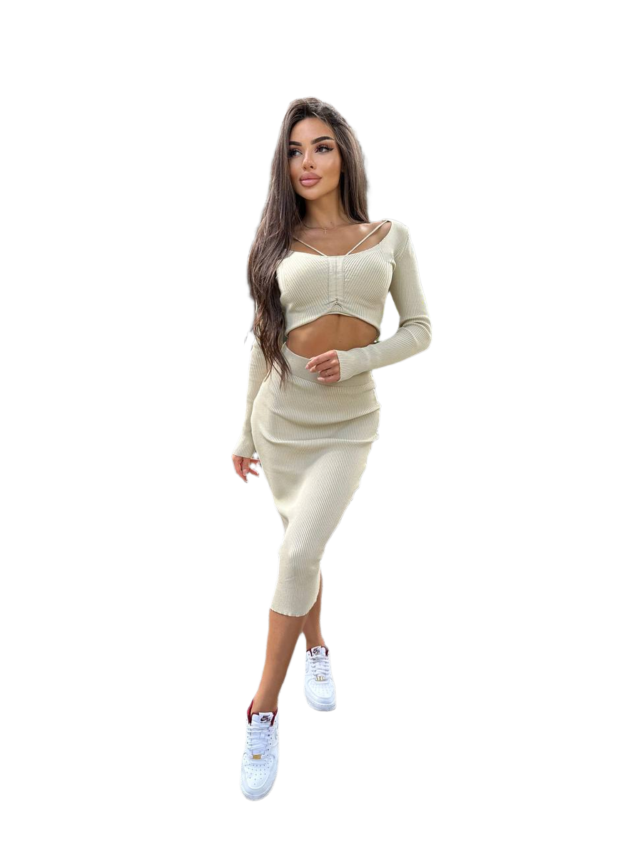 Womens Ribbed Knit Top and Skirt Set Stretchy Two Piece Suit