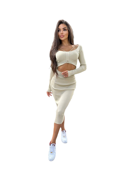 Womens Ribbed Knit Top and Skirt Set Stretchy Two Piece Suit