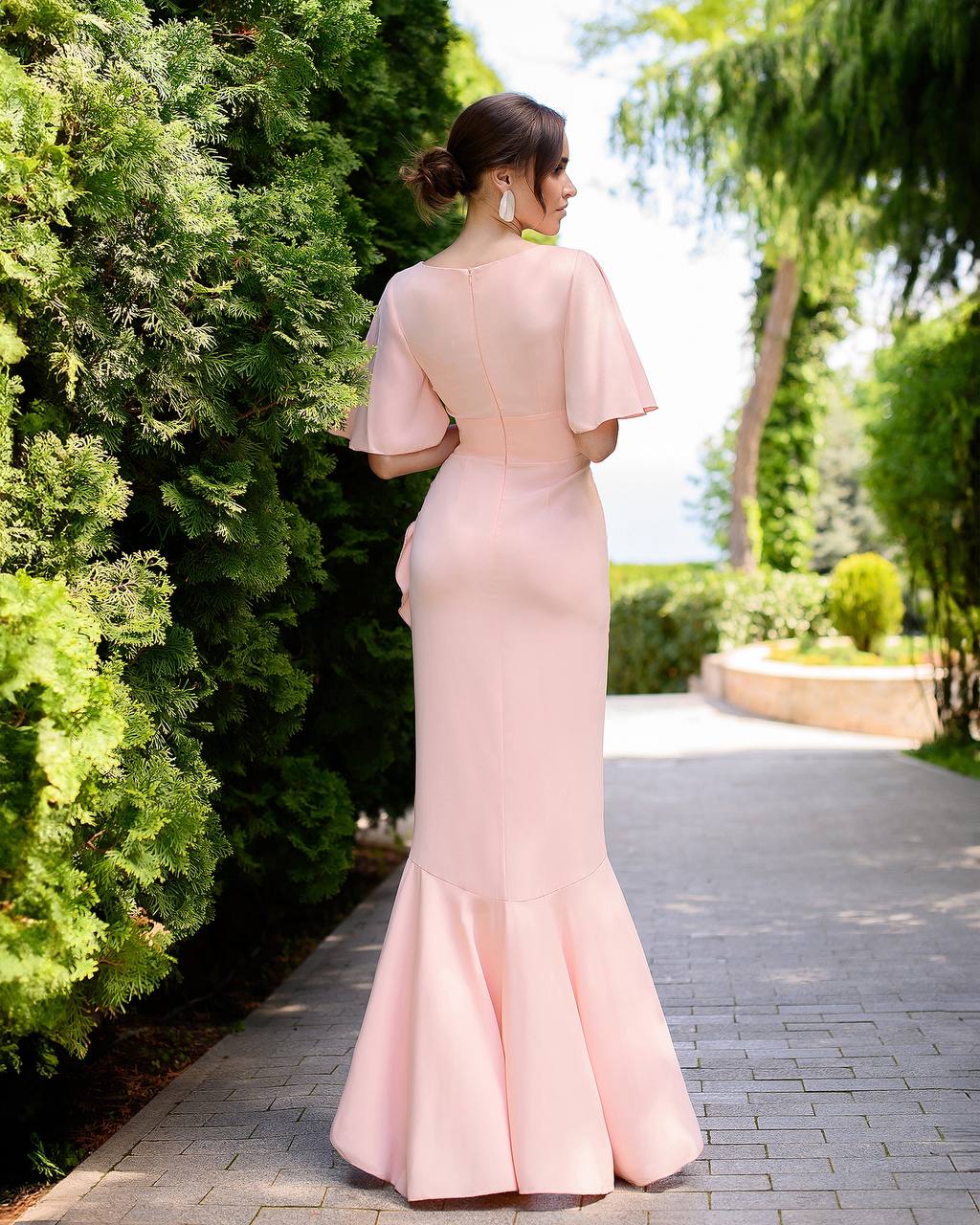 Elegant Pink Crepe-Silk Ruffle Maxi Dress for Women