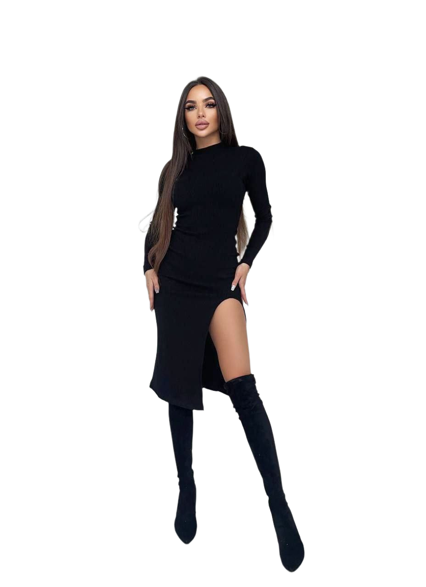 Women Black Angora Ribana Dress with High Slit Long Sleeve