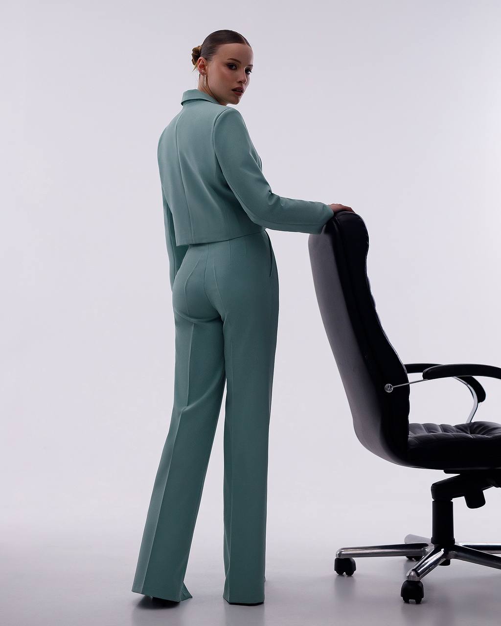 Womens Cropped Jacket Suit With High Waist Slit Trousers