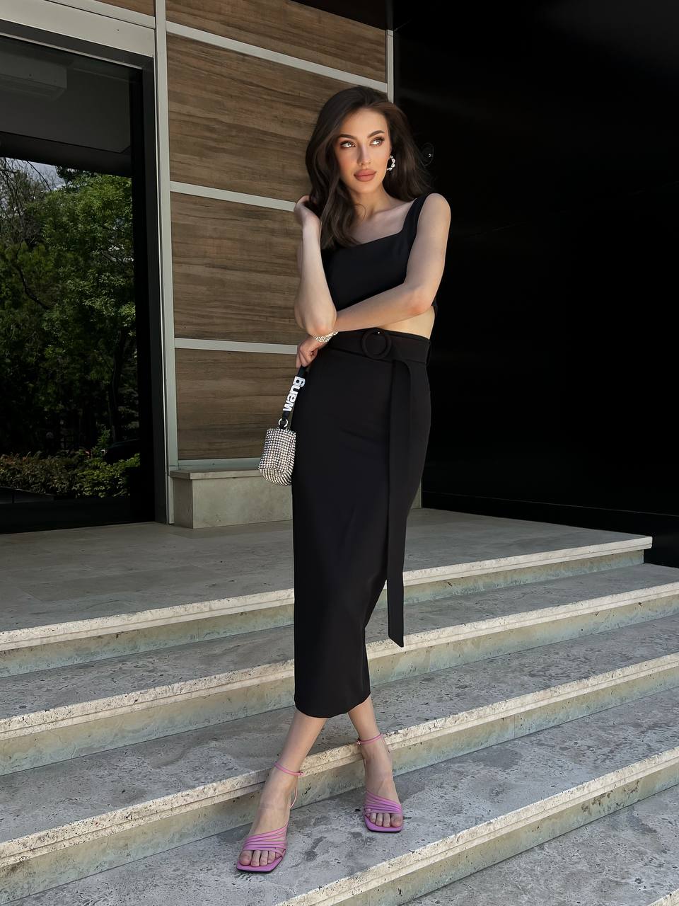 Women Pencil Skirt and Top Set Diagonal Crepe Black