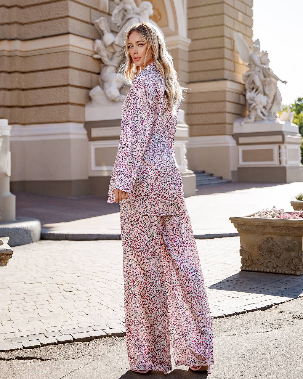 Womens Printed Dense Silk Long Shirt and Pants Suit
