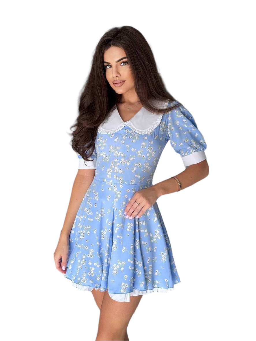 Woman wearing a blue floral dress with a white collar on a white background