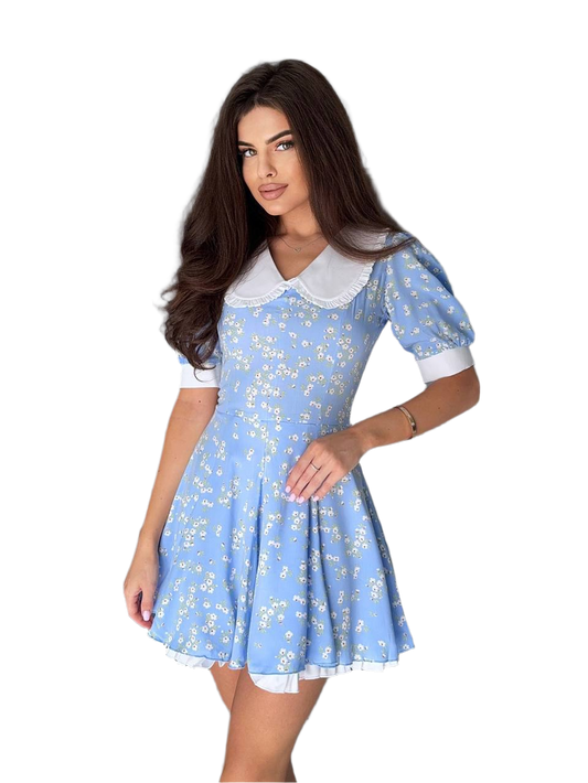 Woman wearing a blue floral dress with a white collar on a white background