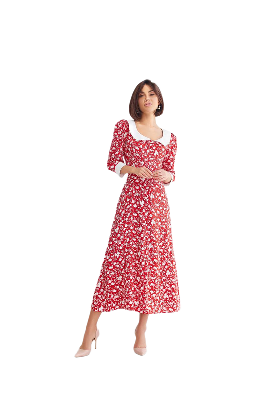 Red Floral Midi Dress with White Collar and Cuffs