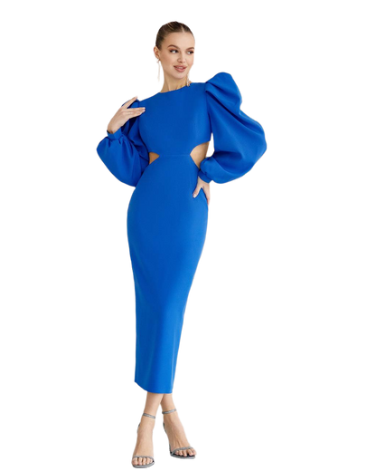 Woman wearing a blue dress with puffed sleeves on a white background